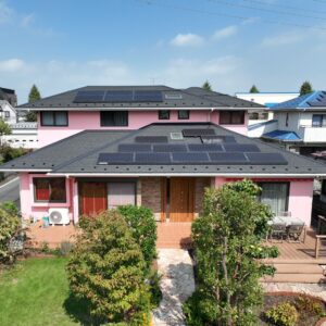 ピンクの壁と黒い屋根がとても印象的